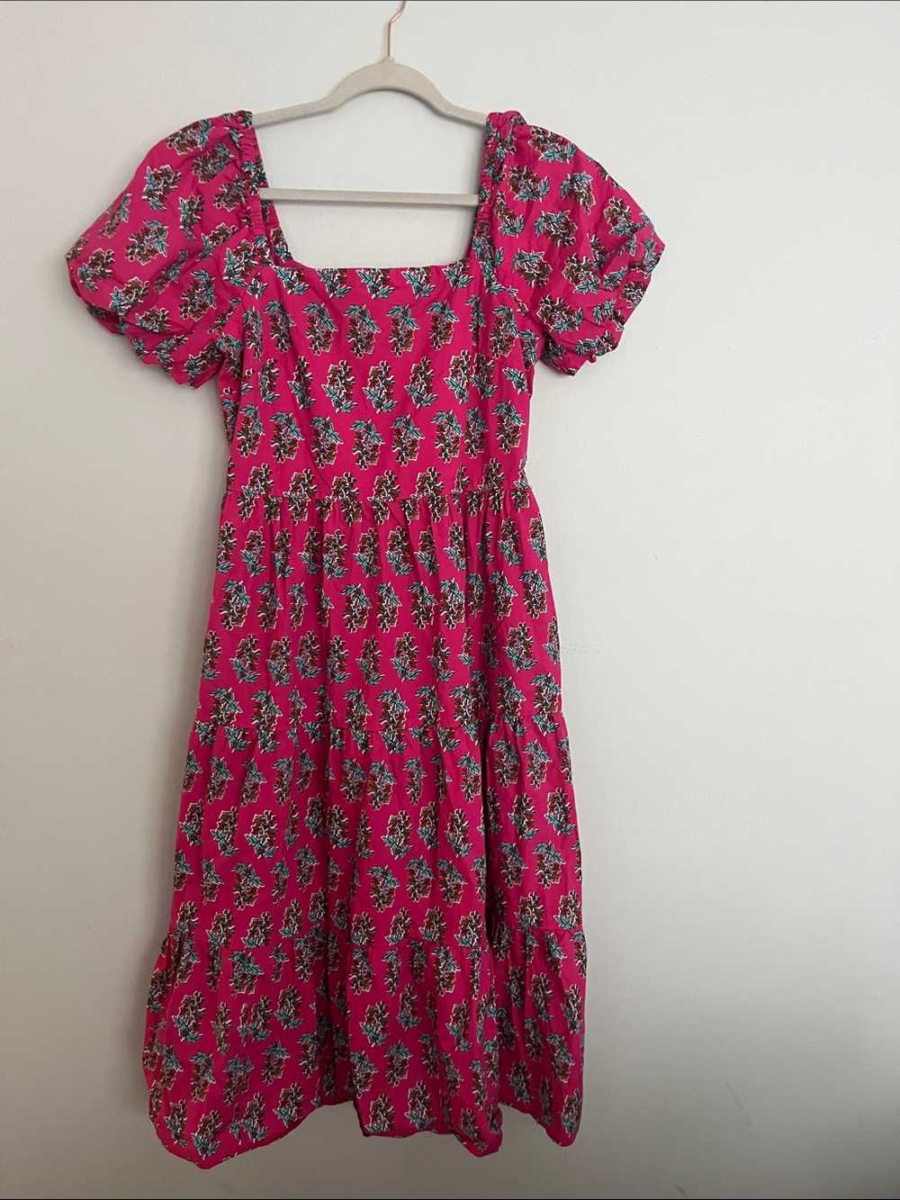J. Crew Fuchsia Floral Puff Sleeve Midi Dress